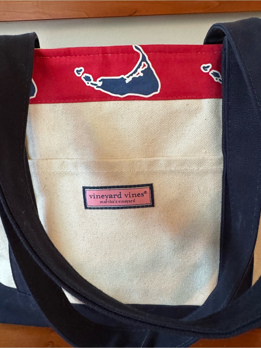 Vineyard Vines Natural Canvas Tote with Navy Straps and Nantucket Map